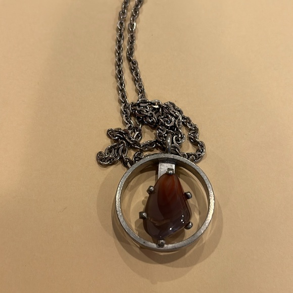 Jorgen Jensen Denmark pewter pendant with agate stone and chain - Picture 6 of 12